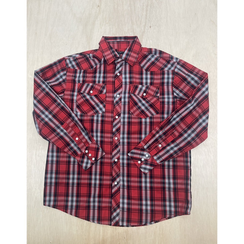 Gioberti Mens Western Shirt  Pearl Snap Medium Plaid‎ Long Sleeve Red Black